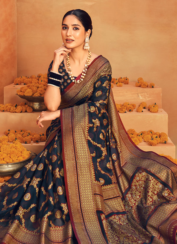 Monjolika Fashion Navy Blue Georgette Woven Festival Designer Saree