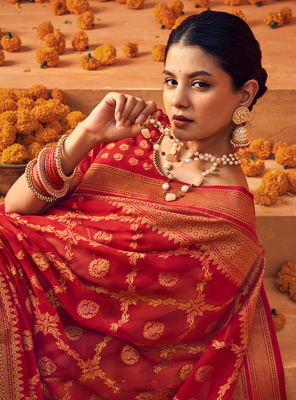 Monjolika Fashion Red Georgette woven Festival Designer Saree