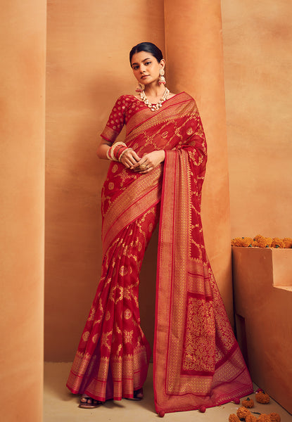 Monjolika Fashion Red Georgette woven Festival Designer Saree