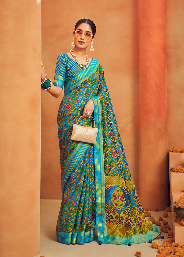 Monjolika Fashion Aqua Blue Georgette Printed Festival Designer Saree