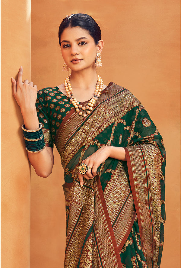 Monjolika Fashion Dark Green Georgette Woven Festival Designer Saree