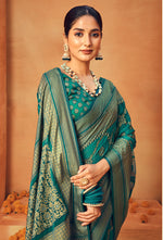 Thumbnail for Monjolika Fashion Teal Georgette Woven Festival Designer Saree