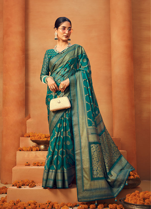 Monjolika Fashion Teal Georgette Woven Festival Designer Saree