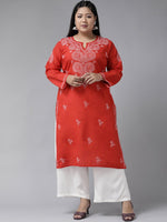 Thumbnail for ADA Women Plus Size Red & White Ethnic Motifs Pure Cotton Chikankari Embroidered Kurta - Distacart
