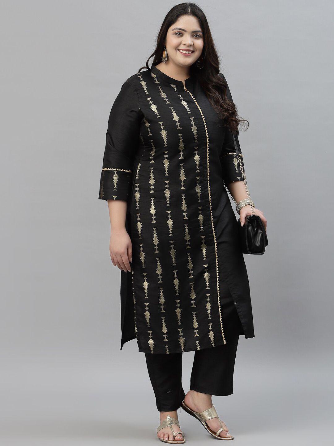 Sztori Plus Size Ethnic Motifs Printed Mandarin Collar Straight Kurta with Trousers - Distacart