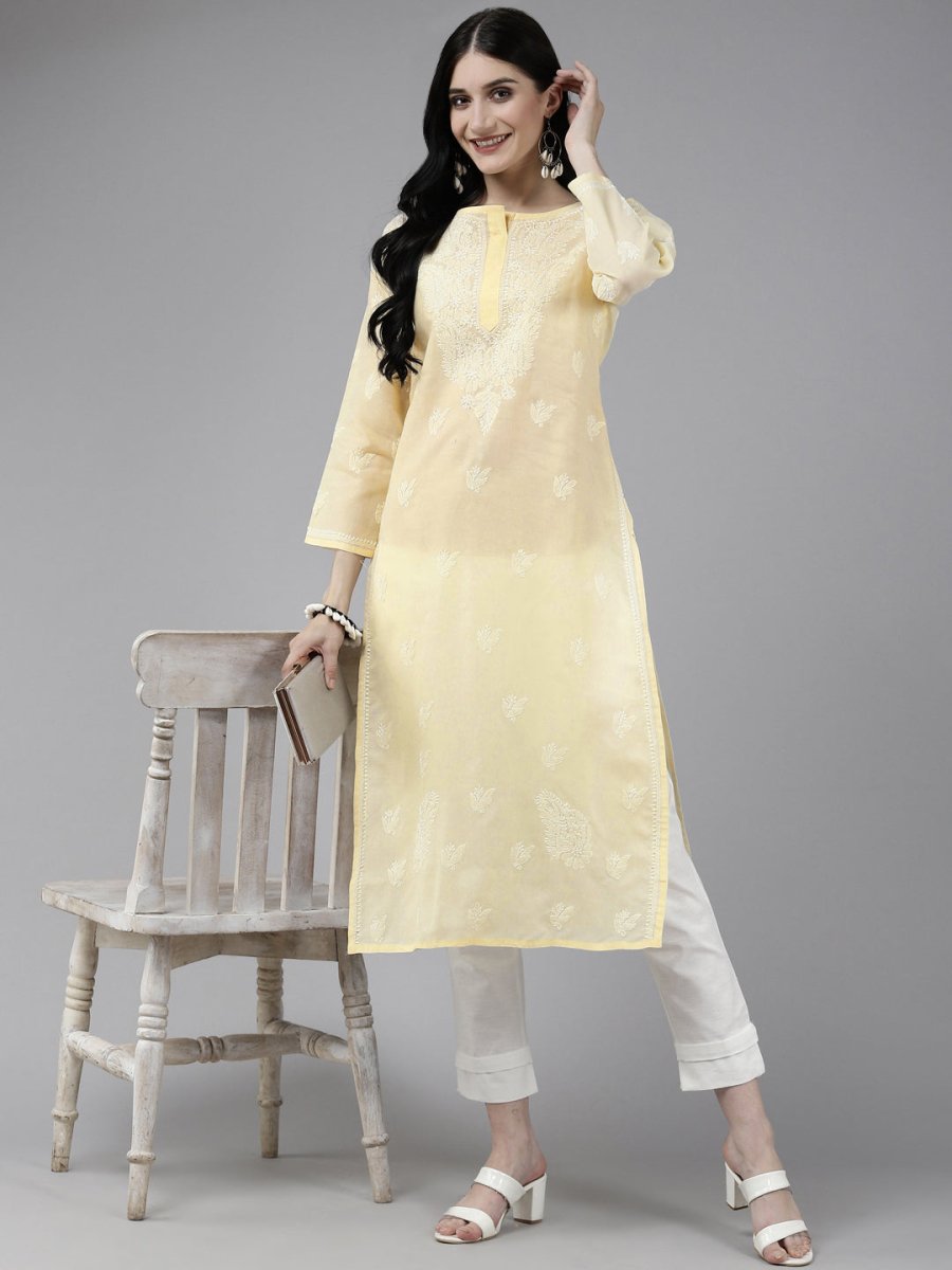 ADA Women Cream-Coloured & White Ethnic Motifs Embroidered Chikankari Cotton Kurta - Distacart