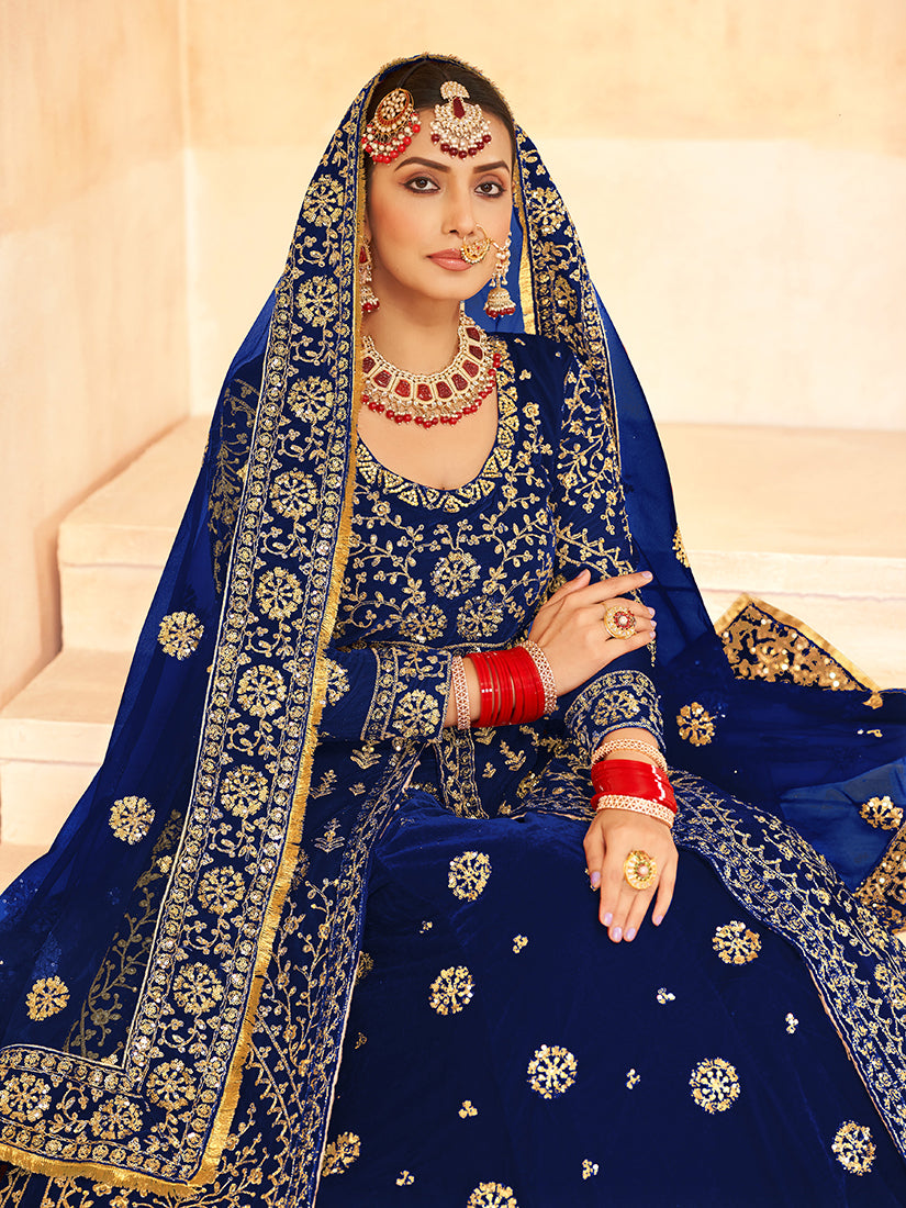 Monjolika Fashion Navy Blue Embroidered Velvet Designer Long Lehenga Choli