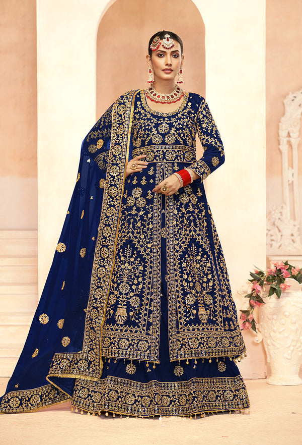 Monjolika Fashion Navy Blue Embroidered Velvet Designer Long Lehenga Choli