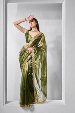 Thumbnail for Monjolika Fashion Green Gold Tissue Net Fancy Party Wear Saree