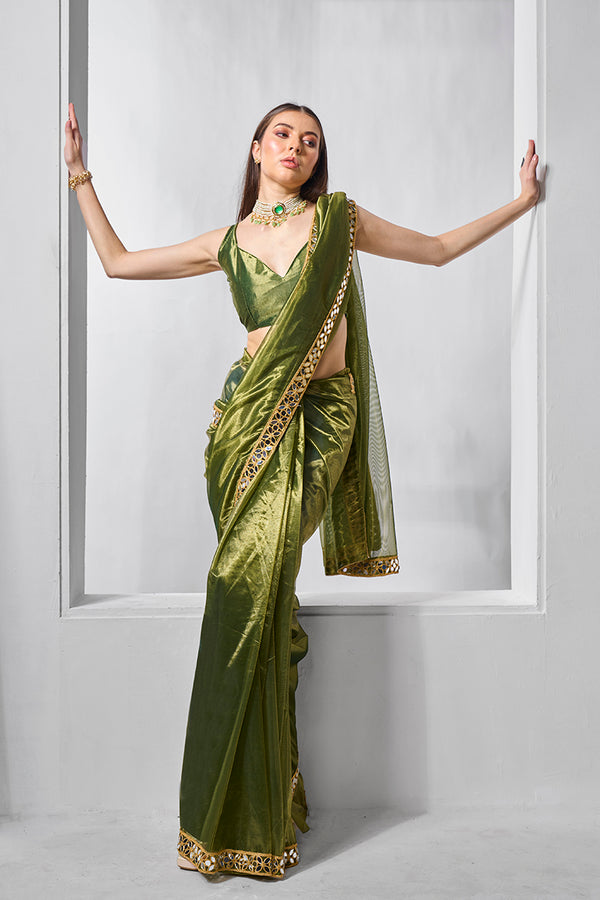 Monjolika Fashion Green Gold Tissue Net Fancy Party Wear Saree