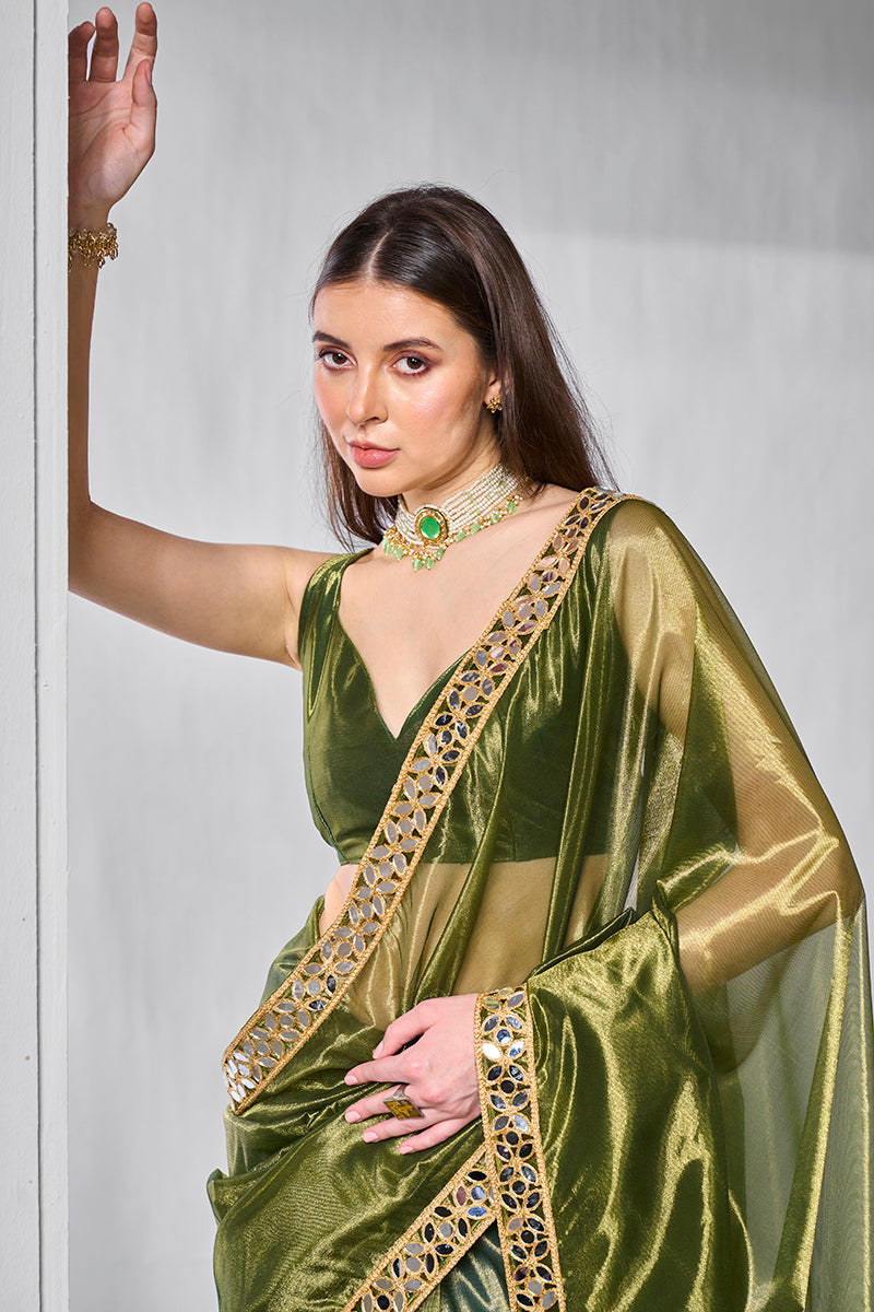 Monjolika Fashion Green Gold Tissue Net Fancy Party Wear Saree