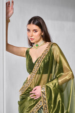 Thumbnail for Monjolika Fashion Green Gold Tissue Net Fancy Party Wear Saree