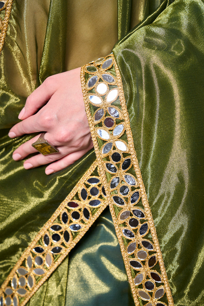 Monjolika Fashion Green Gold Tissue Net Fancy Party Wear Saree