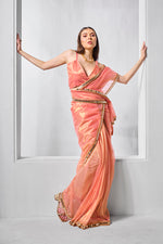 Thumbnail for Monjolika Fashion Peach Gold Tissue Net Fancy Party Wear Saree