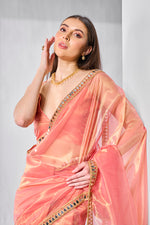 Thumbnail for Monjolika Fashion Peach Gold Tissue Net Fancy Party Wear Saree