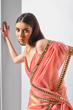 Thumbnail for Monjolika Fashion Peach Gold Tissue Net Fancy Party Wear Saree