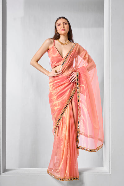 Monjolika Fashion Peach Gold Tissue Net Fancy Party Wear Saree