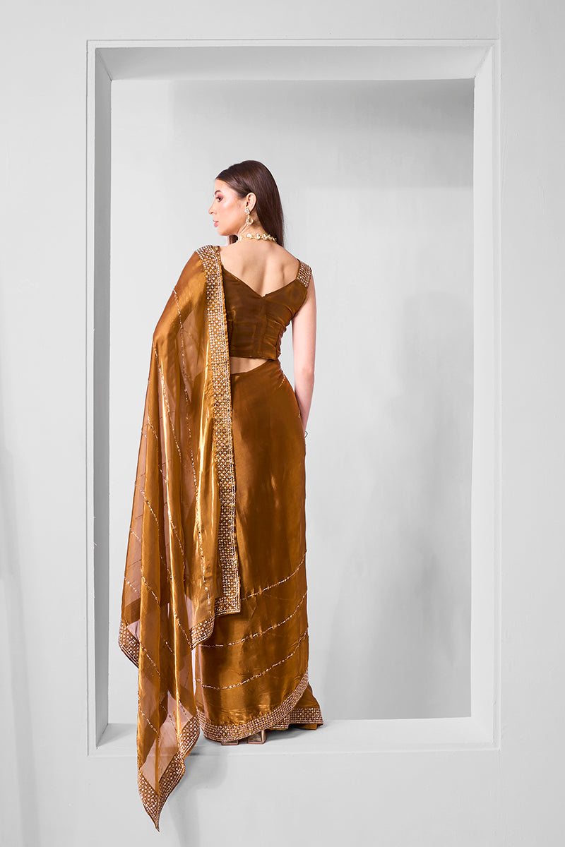 Monjolika Fashion Brown Jimmy Chu Embroidered Classic Saree