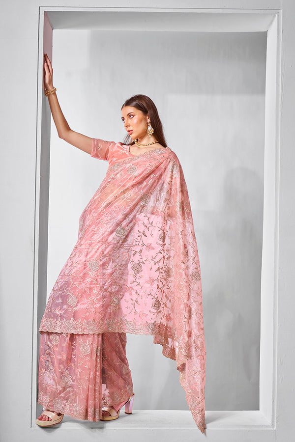 Monjolika Fashion Gold Tissue Net Peach Embroidered Classic Saree