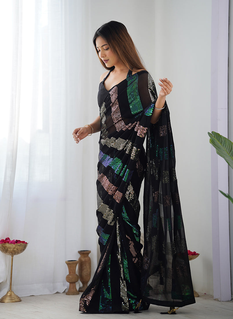 Monjolika Fashion Georgette Sequins Black Color Classic Saree