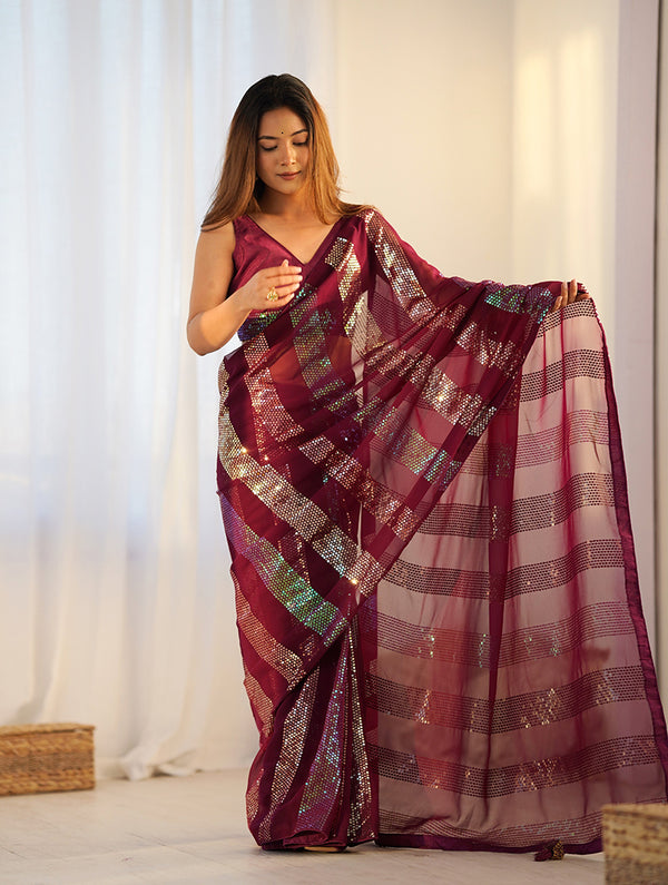 Monjolika Fashion Georgette Sequins Maroon Color Classic Saree