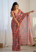 Thumbnail for Monjolika Fashion Chinon Digital Print Classic Saree in Red