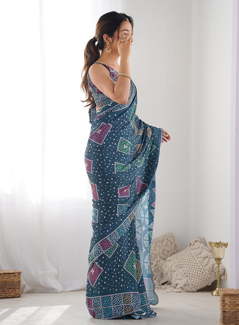 Monjolika Fashion Chinon Digital Print Classic Saree in Teal Blue