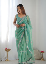 Thumbnail for Monjolika Fashion Sea Green Thread Embroidery Net Trendy Saree