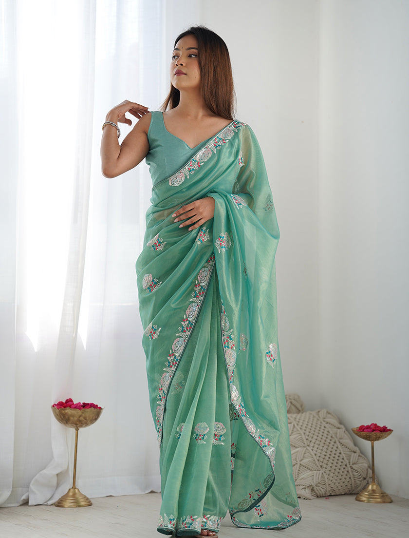 Monjolika Fashion Sea Green Thread Embroidery Net Trendy Saree
