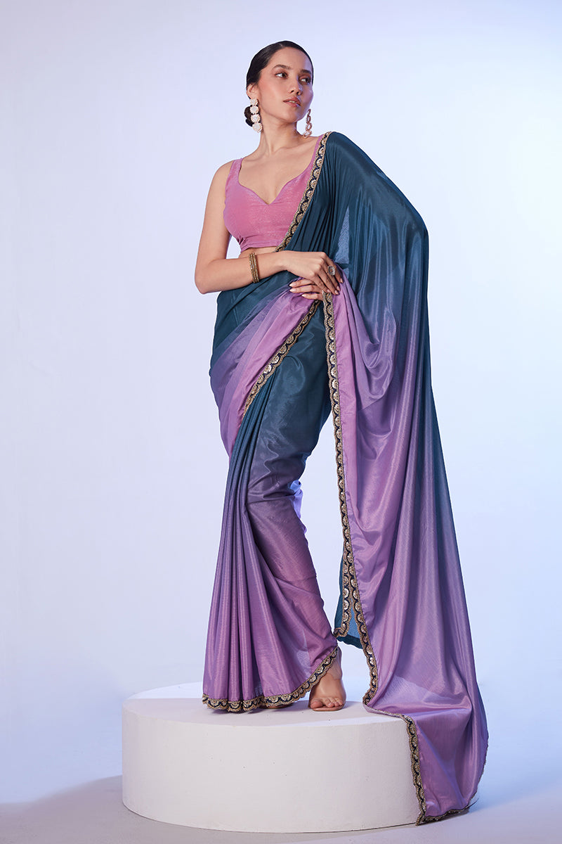 Monjolika Fashion Blue and Lavender Lace Ceremonial Chinon Classic Saree