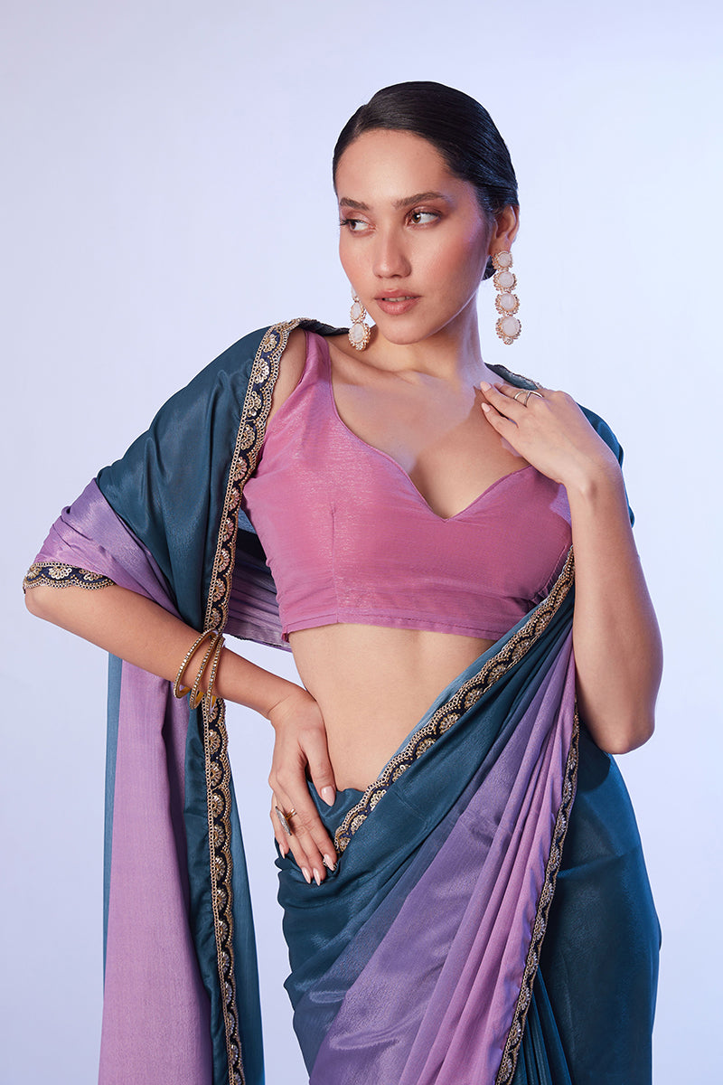 Monjolika Fashion Blue and Lavender Lace Ceremonial Chinon Classic Saree