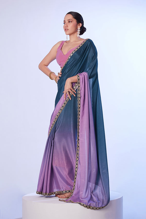Monjolika Fashion Blue and Lavender Lace Ceremonial Chinon Classic Saree