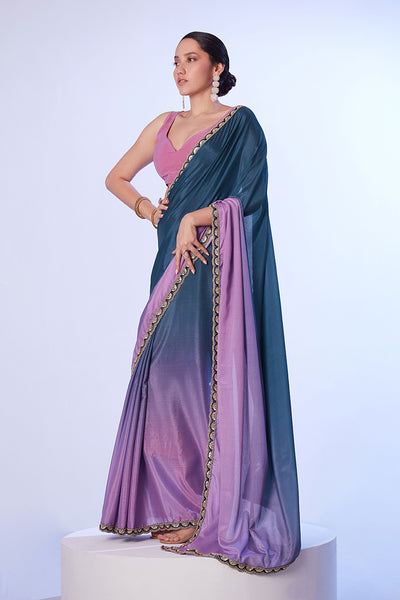 Monjolika Fashion Blue and Lavender Lace Ceremonial Chinon Classic Saree