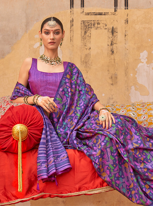 Monjolika Fashion Silk Blend Printed Violet Trendy Saree For Casual