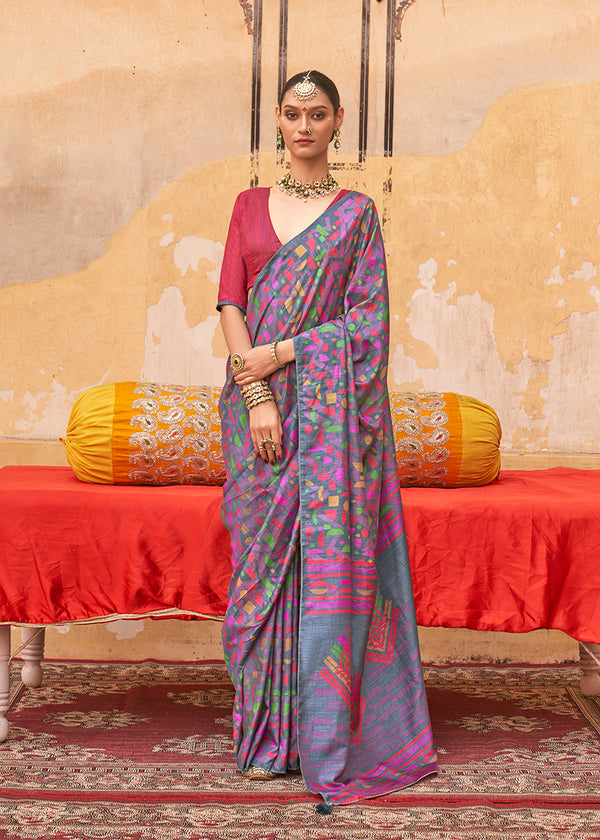 Monjolika Fashion Silk Blend Printed Grey Trendy Saree For Casual