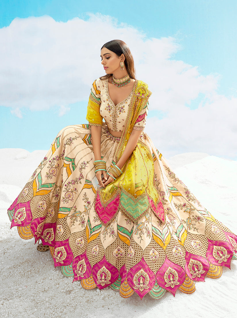 Monjolika Fashion Ivory & Yellow Silk Heavy Embroidered Wedding Lehenga Choli