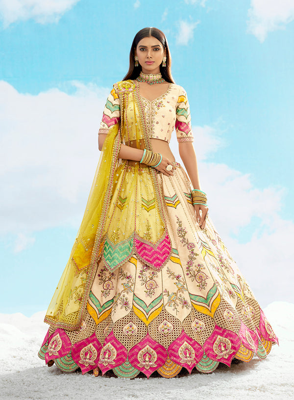 Monjolika Fashion Ivory & Yellow Silk Heavy Embroidered Wedding Lehenga Choli