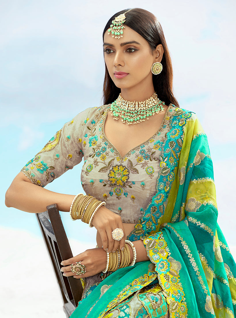 Monjolika Fashion Light Grey & Sea Green Silk Bridal Lehenga Choli with Sequence Embroidery