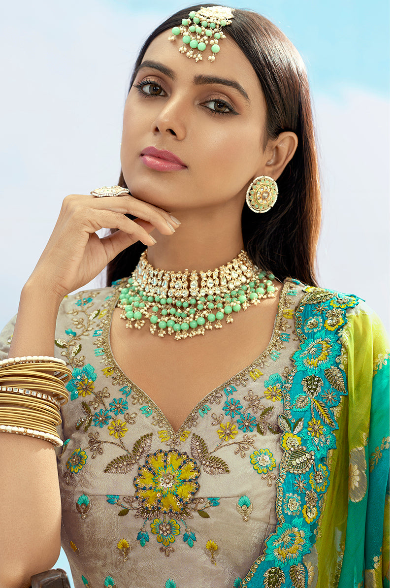Monjolika Fashion Light Grey & Sea Green Silk Bridal Lehenga Choli with Sequence Embroidery