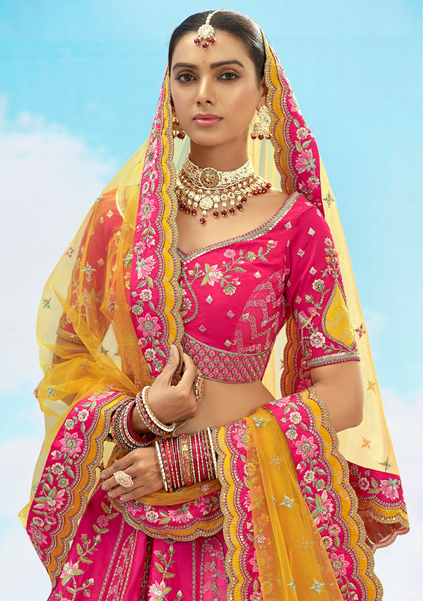 Monjolika Fashion Rani Pink Silk Embroidered Reception Lehenga Choli