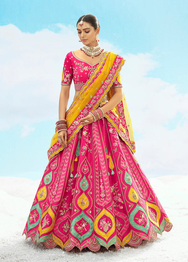 Monjolika Fashion Rani Pink Silk Embroidered Reception Lehenga Choli
