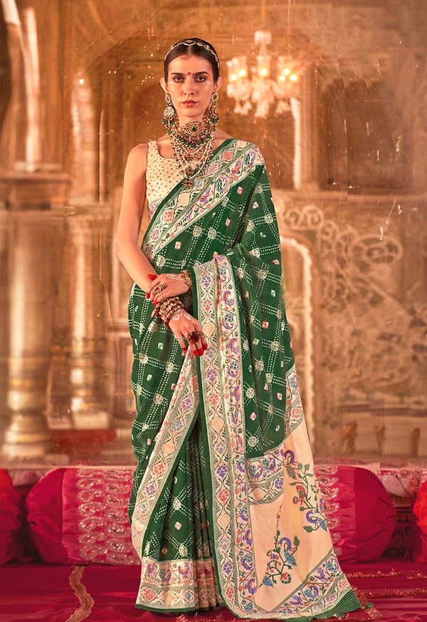 Monjolika Fashion Green Bandhej Print Silk Blend Ceremonial Contemporary Saree