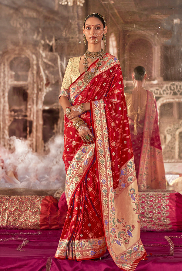 Monjolika Fashion Red Bandhej Print Silk Blend Ceremonial Contemporary Saree