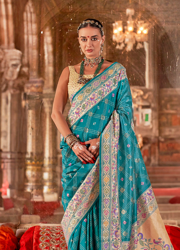 Monjolika Fashion Aqua Blue Bandhej Print Silk Blend Ceremonial Contemporary Saree