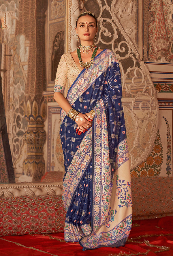 Monjolika Fashion Navy Blue Bandhej Print Silk Blend Ceremonial Contemporary Saree