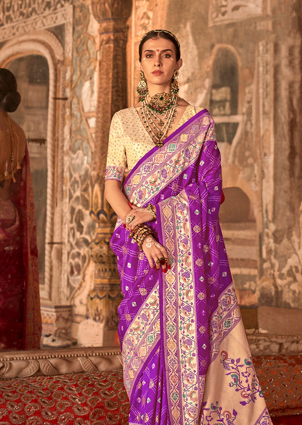 Monjolika Fashion Dark Violet Bandhej Print Silk Blend Ceremonial Contemporary Saree