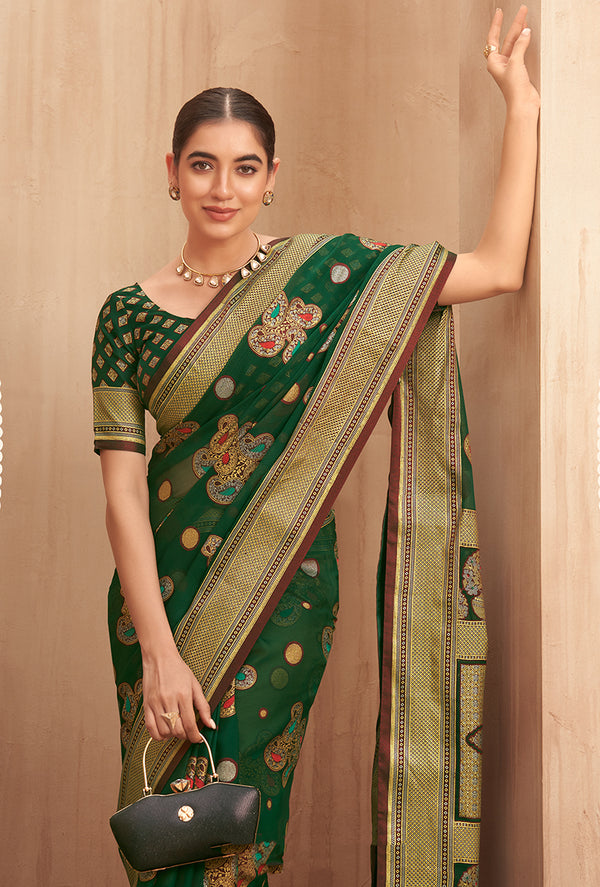 Monjolika Fashion Georgette Traditional Saree with Woven Work for Festival in Green