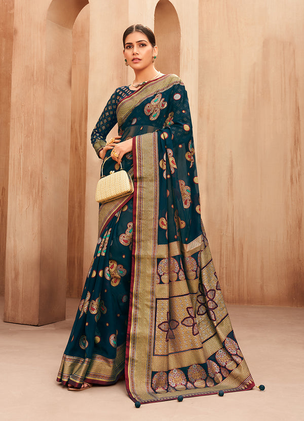 Monjolika Fashion Georgette Traditional Saree with Woven Work for Festival in Teal