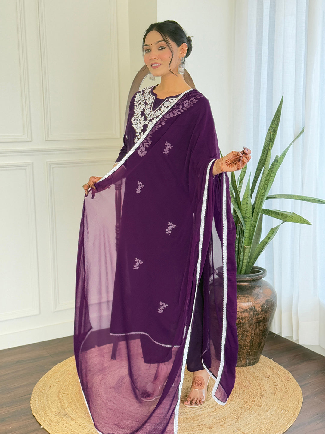 The52 Gorgeous Chikankari Work with Pure Cotton Fabric Straight Kurta, Pant and Dupatta Set