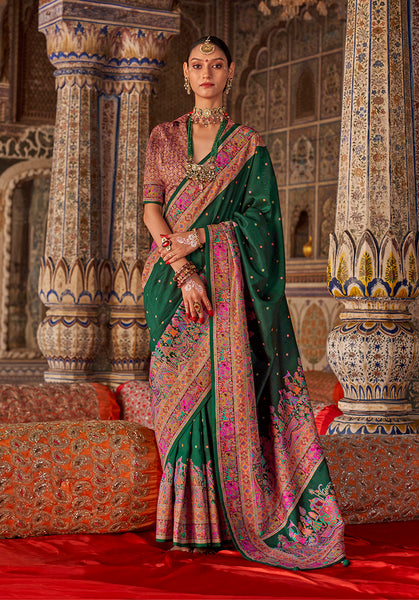 Monjolika Fashion Dark Green Printed Silk Blend Embellished Saree